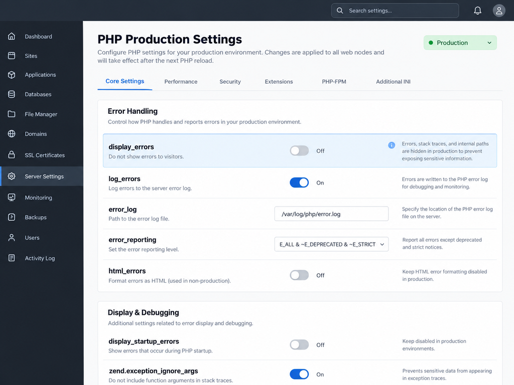 PHP Production Setting interface